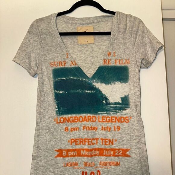 Hollister Juniors Light Gray Blue Orange Graphic Surf V Neck Tee Small EUC - Picture 3 of 9